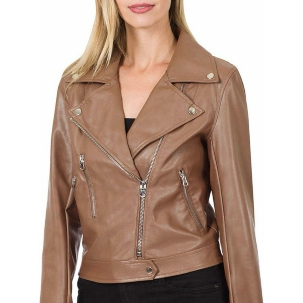 Zenana Outfitters Women’s Faux Leather Moto Jacket Belted Asymmetrical Medium